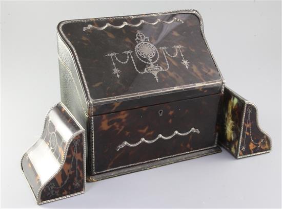 A late 19th/early 20th century silver mounted tortoiseshell pique stationary box and a pair of similar bookends, box height 24.7cm.
